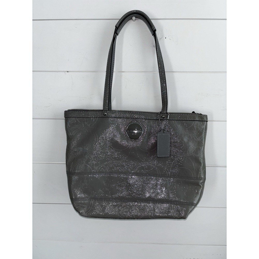 COACH Gray Patent LEATHER F15142 TOTE Shoulder Bag Top Zip‎ Double Handles